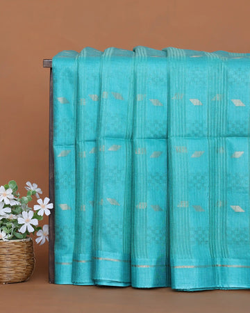 Semi Silk Saree with Traditional Woven Checks Vertical Stripes and Subtle Metallic Butta Motifs with Woven Border - Sky Blue