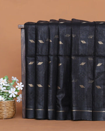 Semi Silk Saree with Traditional Woven Checks Vertical Stripes and Subtle Metallic Butta Motifs with Woven Border - Black