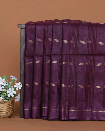 Semi Silk Saree with Traditional Woven Checks Vertical Stripes and Subtle Metallic Butta Motifs with Woven Border - Purple
