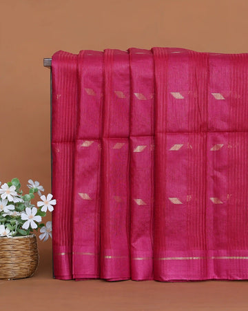 Semi Silk Saree with Traditional Woven Checks Vertical Stripes and Subtle Metallic Butta Motifs with Woven Border - Dark Pink