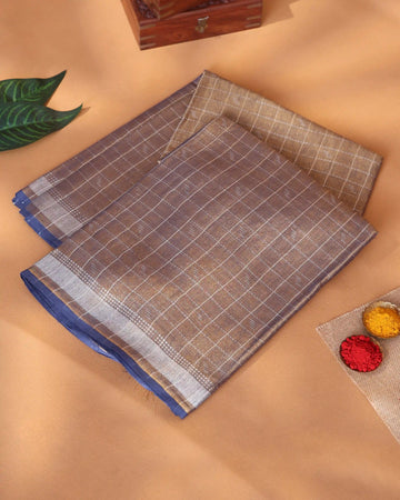 Semi Tissue Saree for Women Checked Weave with Horizontal Stripe and Contrast Border - Brown