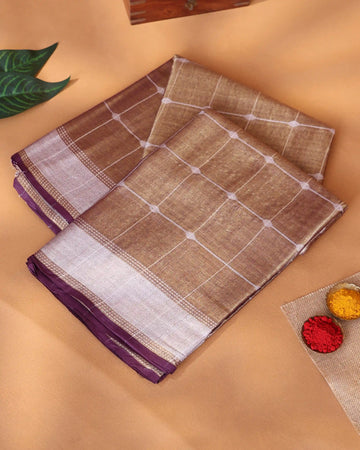 Semi Tissue Saree for Women with Checked Body and Contrast Woven Border - Dark Brown