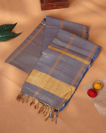 Semi Silk Saree for Women with Elegant Zari Stripes and Broad Zari Border - Slate Blue