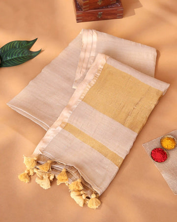 Semi Tissue Saree for Women Solid Body with Contrast Gold Zari Border - Beige