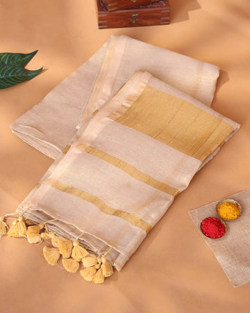 Semi Tissue Saree for Women Solid Body Horizontal Zari Stripes and Broad Zari Border with Matching Pallu - Golden
