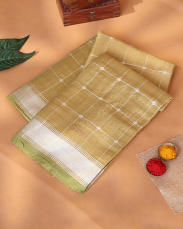 Semi Tissue Saree for Women with Checked Body and Contrast Woven Border - Green