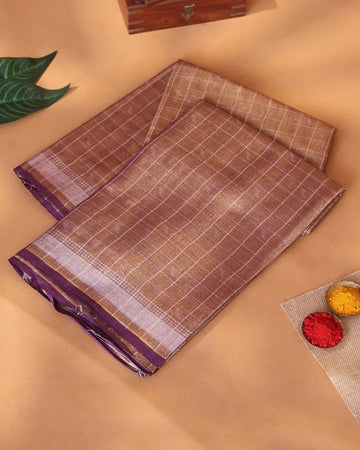 Semi Tissue Saree for Women Checked Weave with Horizontal Stripe and Contrast Border - Dark Brown
