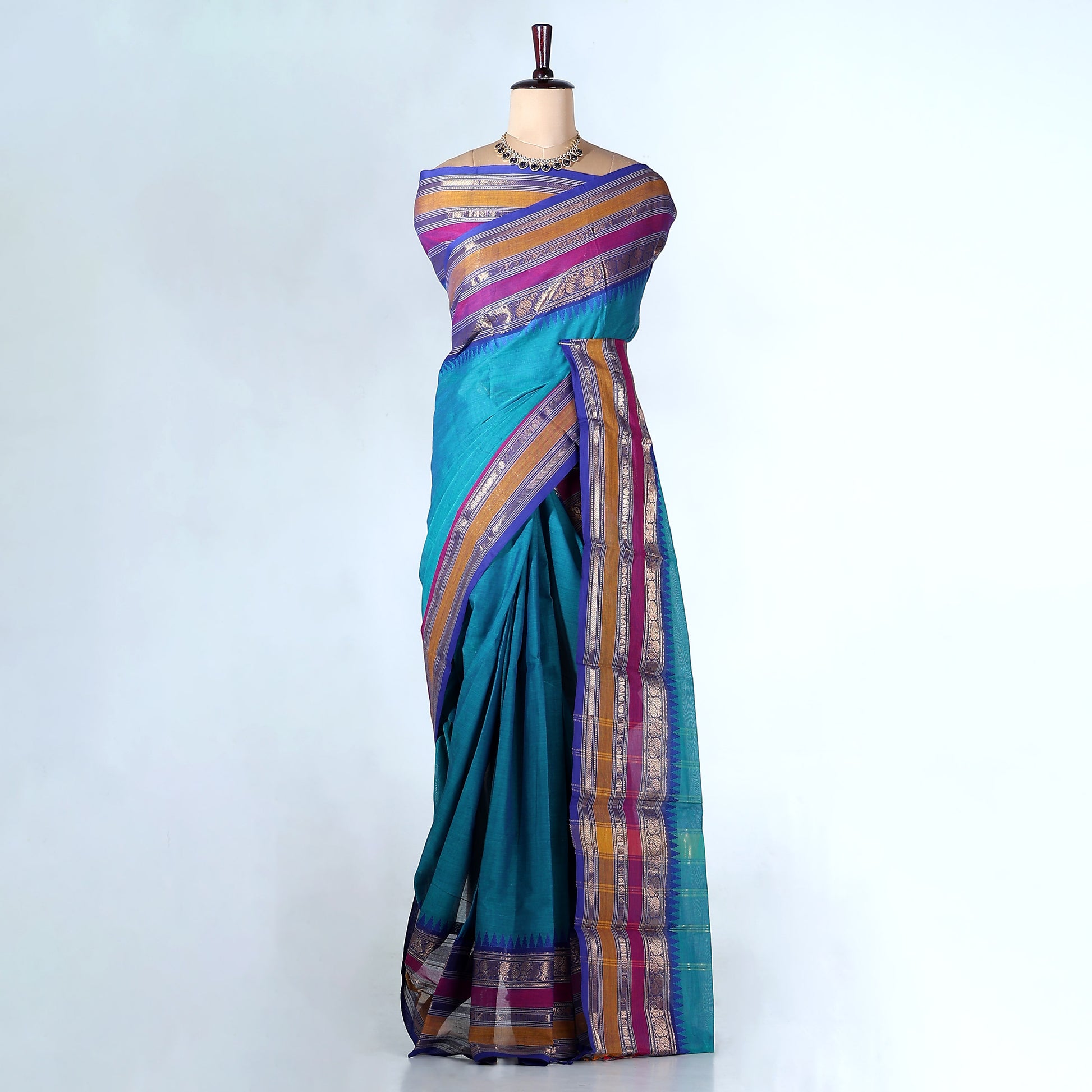 Teal Kanchi Cotton Saree for Women | Festive Traditional Collection | Jeyachandran -Full View
