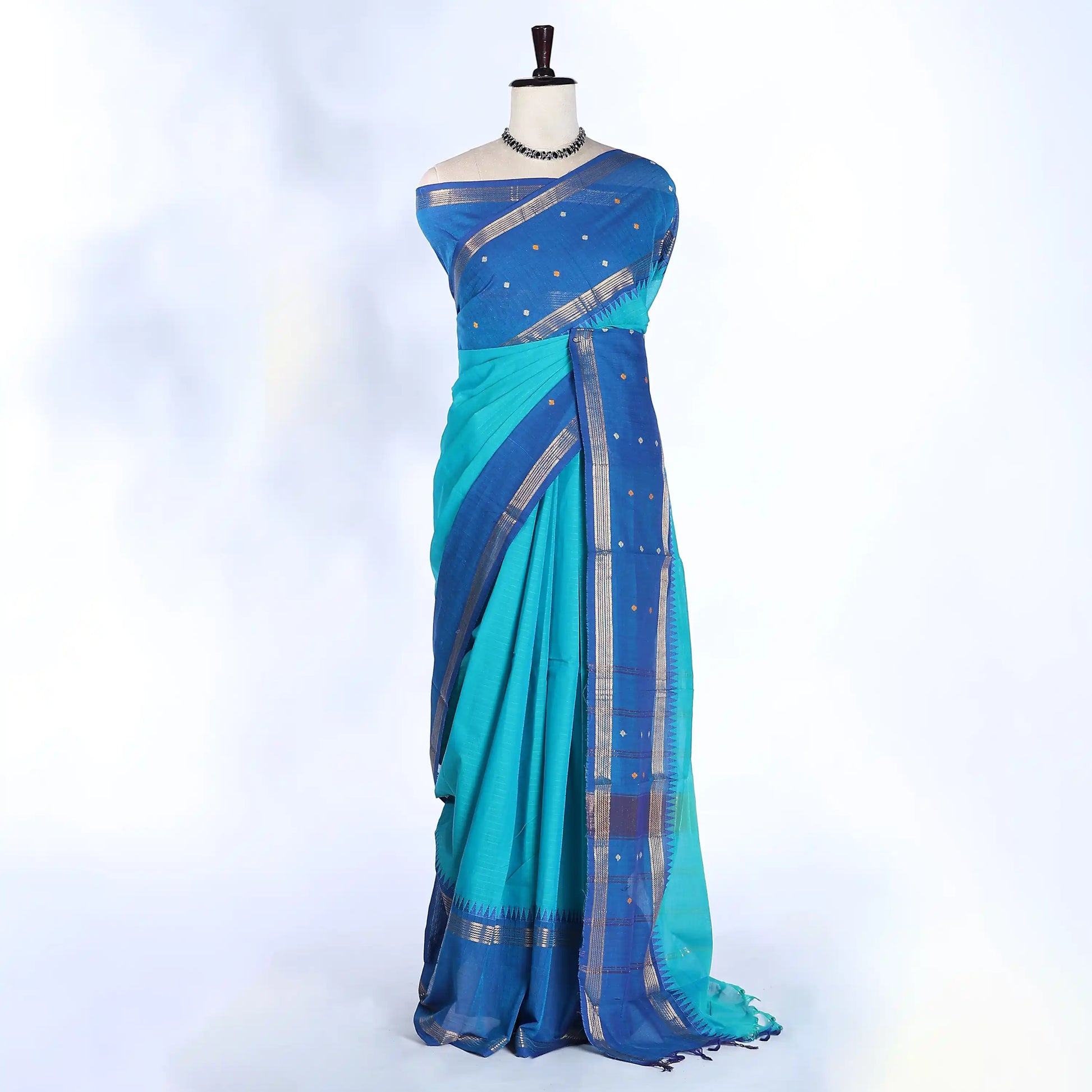Teal Chettinad Cotton Sarees for Women | Office Wear Daily Wear & Special Occasion | Jeyachandran - Full View