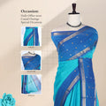 Chettinad cotton saree with silver temple zari border teal body with gold buttas and aqua blue pallu front view.