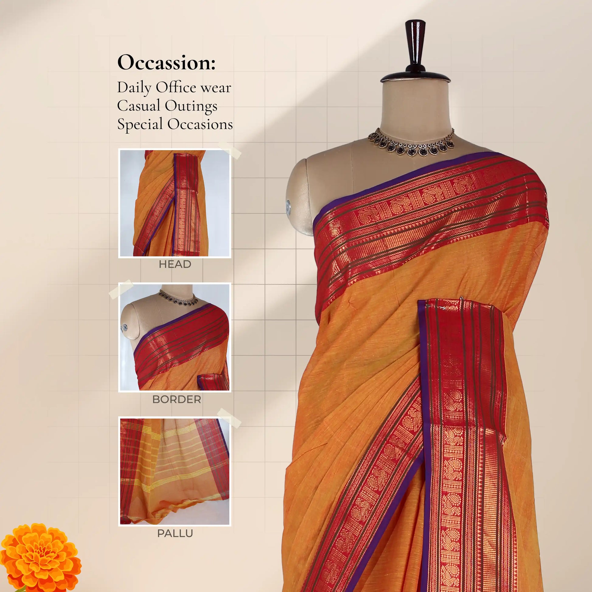 Chettinad cotton saree in yellow with a red zari woven border and purple edging draped on mannequin front view