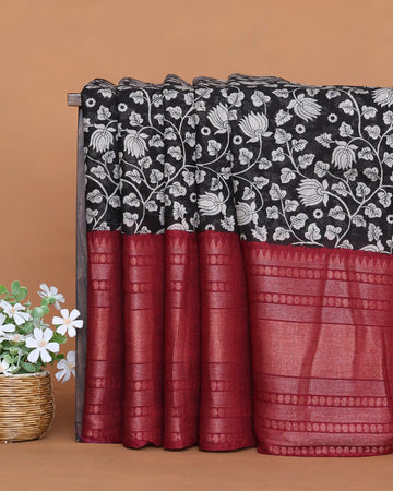 Art Silk Saree with Intricate Floral Vine Pattern Printed Pallu and Traditional Woven Border - Black