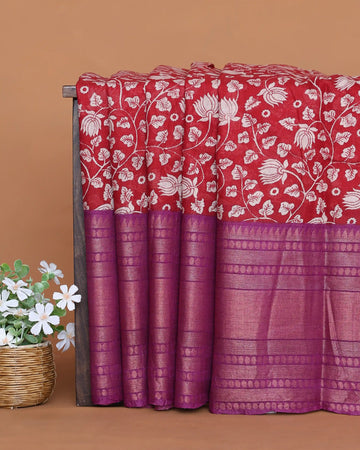 Art Silk Saree with Intricate Floral Vine Pattern Printed Pallu and Traditional Woven Border - Red