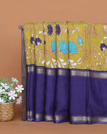 Art Silk Saree with Intricate Floral and Bird Inspired Kalamkari Style Motifs Woven Patterned Border and Checked Pallu - Olive Green