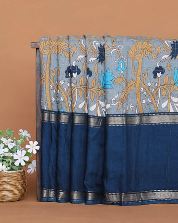 Art Silk Saree with Intricate Floral and Bird Inspired Kalamkari Style Motifs Woven Patterned Border and Checked Pallu - Grey
