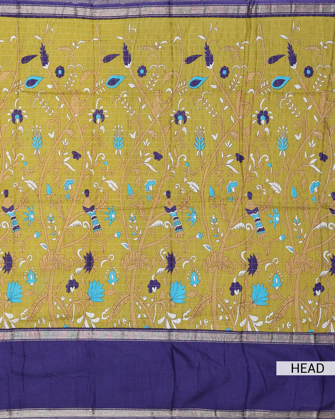 Art Silk Saree with Intricate Floral and Bird Inspired Kalamkari Style Motifs Woven Patterned Border and Checked Pallu - Olive Green