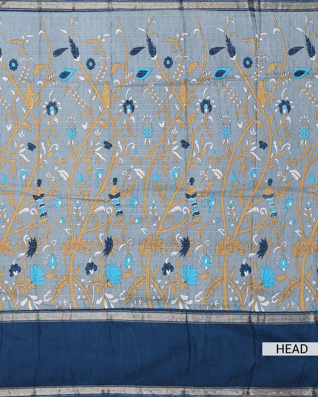 Art Silk Saree with Intricate Floral and Bird Inspired Kalamkari Style Motifs Woven Patterned Border and Checked Pallu - Grey