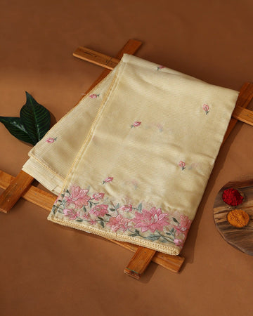 Kota Cotton Saree with Floral Embroidered Border Scattered Leaf Butti Motifs & Delicate Woven Texture - Yellow