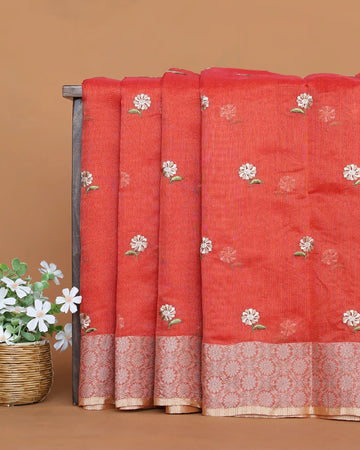 Designer Saree with Checked Body Pattern Delicate Floral Embroidery Contrast Border and Floral Pallu - Coral Orange