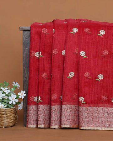 Designer Saree with Checked Body Pattern Delicate Floral Embroidery Contrast Border and Floral Pallu - Red