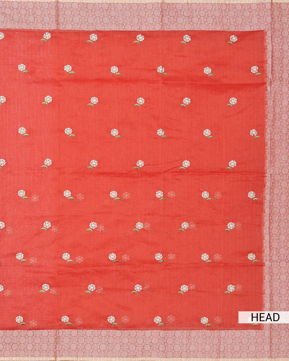 Designer Saree with Checked Body Pattern Delicate Floral Embroidery Contrast Border and Floral Pallu - Coral Orange