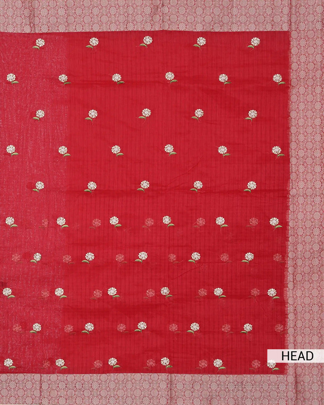 Designer Saree with Checked Body Pattern Delicate Floral Embroidery Contrast Border and Floral Pallu - Red