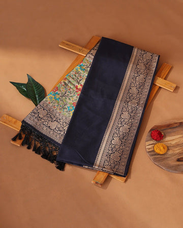 Semi Banarasi Silk Saree with Solid Woven Body Intricate Floral Brocade Border and Multicoloured Floral Woven Pallu - Black