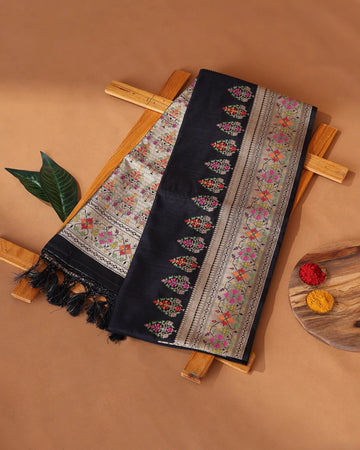 Semi Banarasi Silk Saree with Solid Body Intricate Floral Woven Border and Richly Woven Floral Pallu - Black