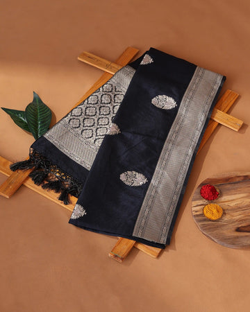 Semi Banarasi Silk Saree with Intricate Floral Buta Motifs and Woven Zari Brocade Border & Pallu - Black