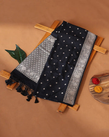 Semi Banarasi Silk Saree with Floral Butta Motifs Floral Zari Border and Elaborate Floral Zari Pallu - Black