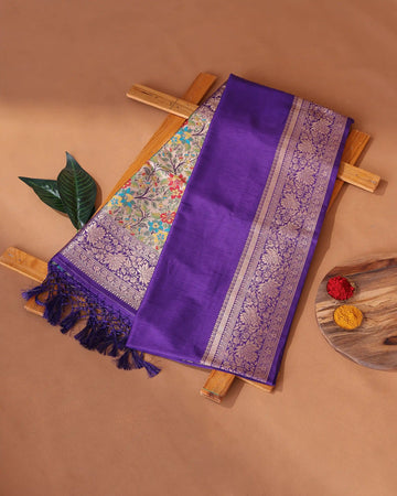 Semi Banarasi Silk Saree with Solid Woven Body Intricate Floral Brocade Border and Multicoloured Floral Woven Pallu - Violet