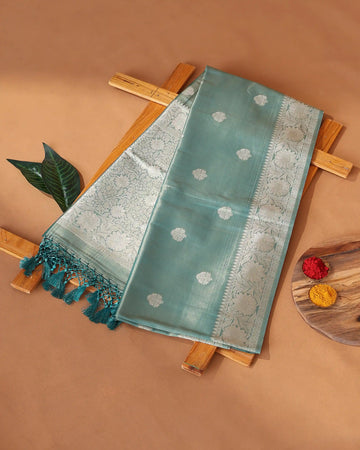 Semi Banarasi Silk Saree with Floral Butti Motifs and Intricate Floral Zari Border - Sea Green