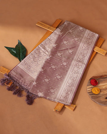 Semi Banarasi Silk Saree with Floral Buti Motifs in Checked Pattern Floral Zari Border and Floral Patterned Pallu - Brown