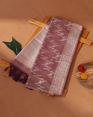 Semi Banarasi Silk Saree with Intricate Woven Floral Vine Motifs Floral Zari Border and Geometric Zari Pallu - Brown