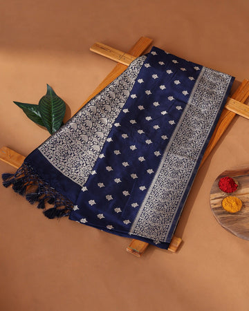 Semi Banarasi Silk Saree with Intricate Floral Butti Motifs and Elaborate Zari Woven Border & Pallu - Dark Blue