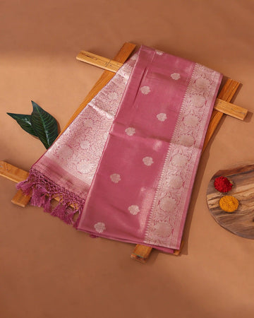 Semi Banarasi Silk Saree with Floral Butti Motifs and Intricate Floral Zari Border - Dark Pink