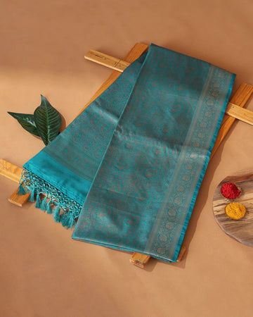 Semi Banarasi Silk Saree with Intricate Floral Zari Border and All Over Woven Floral Motifs - Green