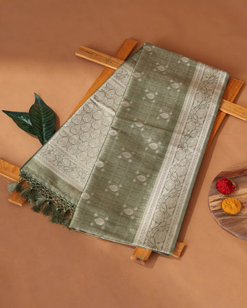 Semi Banarasi Silk Saree with Floral Buti Motifs in Checked Pattern Floral Zari Border and Floral Patterned Pallu - Green