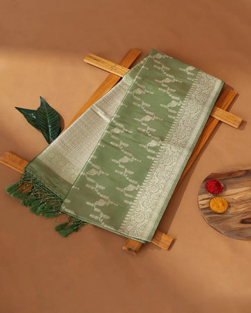 Semi Banarasi Silk Saree with Intricate Woven Floral Vine Motifs Floral Zari Border and Geometric Zari Pallu - Green