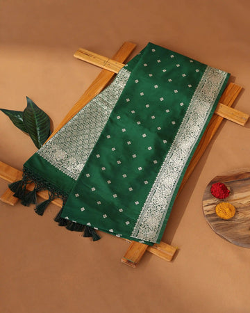 Semi Banarasi Silk Saree with Floral Butta Motifs Floral Zari Border and Elaborate Floral Zari Pallu - Green