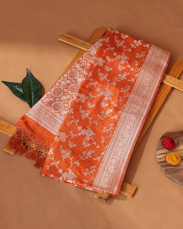 Semi Banarasi Silk Saree with Intricate Floral Zari Border Floral Jaal Weave Ornate Brocade Pallu - Orange