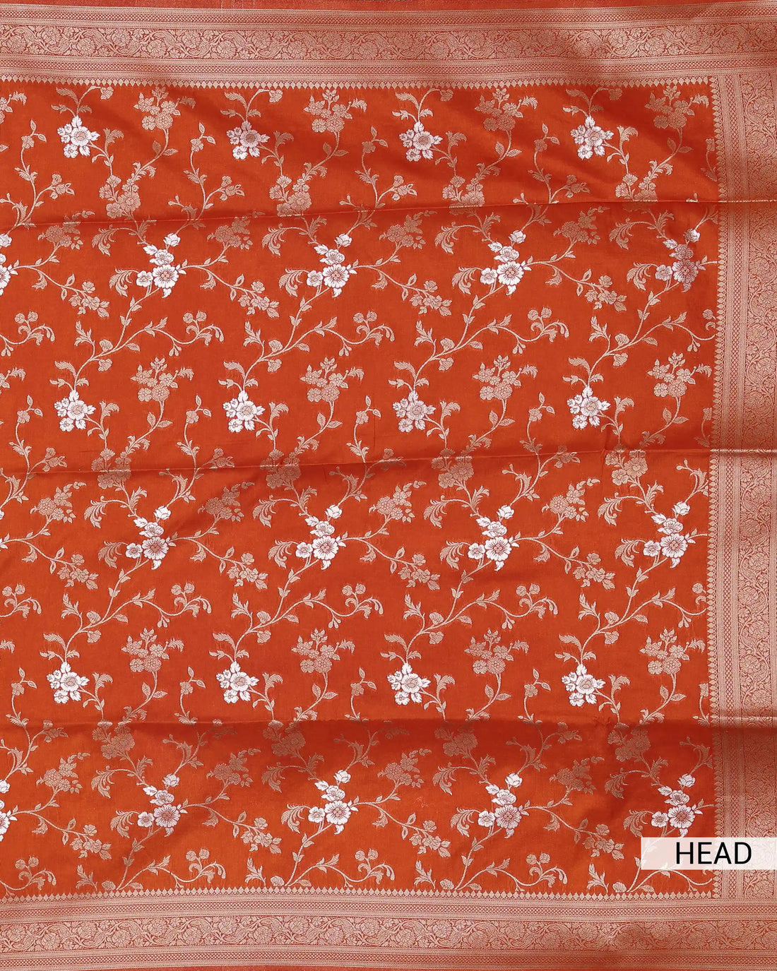 Semi Banarasi Silk Saree with Intricate Floral Zari Border Floral Jaal Weave Ornate Brocade Pallu - Orange