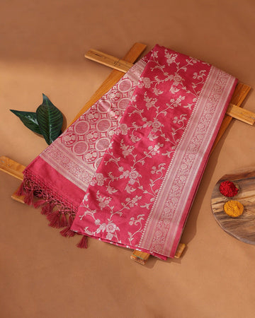Semi Banarasi Silk Saree with Intricate Floral Zari Border Floral Jaal Weave Ornate Brocade Pallu - Pink