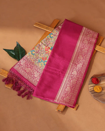 Semi Banarasi Silk Saree with Solid Woven Body Intricate Floral Brocade Border and Multicoloured Floral Woven Pallu - Pink