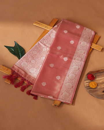 Semi Banarasi Silk Saree with Floral Butti Motifs and Intricate Floral Zari Border - Onion Pink