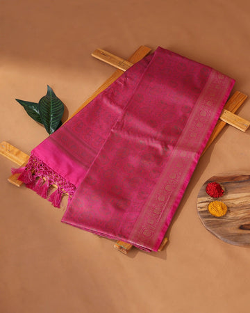 Semi Banarasi Silk Saree with Intricate Floral Zari Border and All Over Woven Floral Motifs - Dark Pink