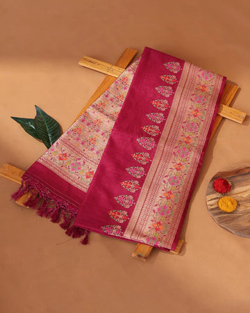 Semi Banarasi Silk Saree with Solid Body Intricate Floral Woven Border and Richly Woven Floral Pallu - Rani Pink