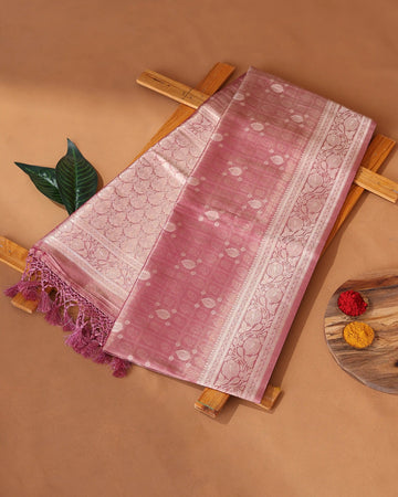 Semi Banarasi Silk Saree with Floral Buti Motifs in Checked Pattern Floral Zari Border and Floral Patterned Pallu - Onion Pink