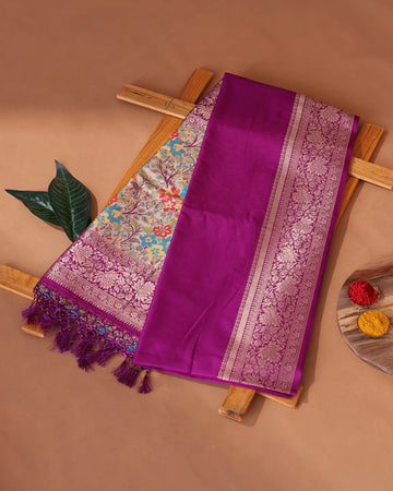 Semi Banarasi Silk Saree with Solid Woven Body Intricate Floral Brocade Border and Multicoloured Floral Woven Pallu - Purple