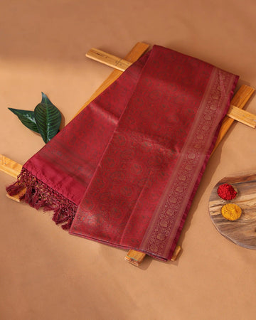 Semi Banarasi Silk Saree with Intricate Floral Zari Border and All Over Woven Floral Motifs - Red